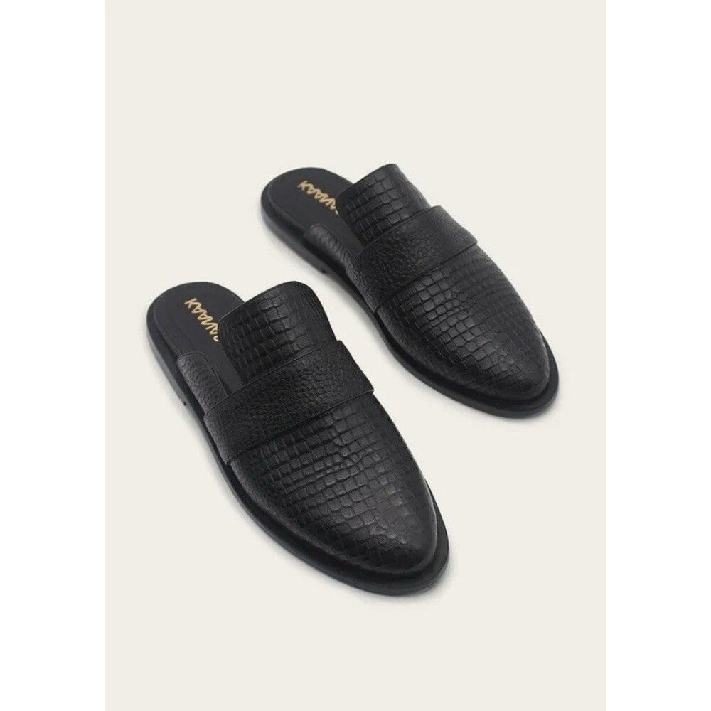 Kaanas Black Croc-Embossed Leather Backless Loafers